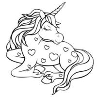 lindo unicornio mágico con corazones. imagen para colorear. vector