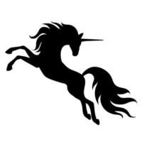 Silhouette of a climbing unicorn with a long mane. Black silhouette on a white background. Element for creating design and decor, isolated from a white background.