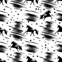 Seamless monochrome pattern with black prancing and flying unicorns, hearts, crowns and stars on a white background.