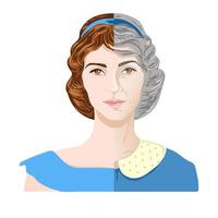 Rostro de mujer en proceso de envejecimiento. una mujer en su juventud y vejez. vector