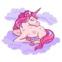 lindo unicornio mágico con corazones duerme en las nubes. vector