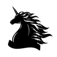 Silhouette of a unicorn head with place for text. Black silhouette on a white background.