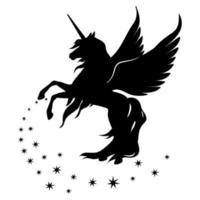 Silhouette of a rearing unicorn with stars. Black silhouette on a white background. Element for creating design and decor. vector