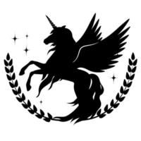 Silhouette of a rearing unicorn with branches and stars. Black silhouette on a white background. Element for creating design and decor.