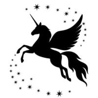 Silhouette of a climbing unicorn with stars. Black silhouette on a white background. Element for creating design and decor, isolated from the white background. vector