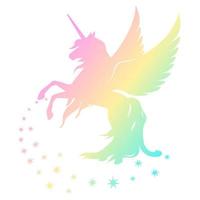 silueta de un unicornio trepador con estrellas. silueta de arco iris sobre un fondo blanco. elemento para crear diseño y decoración, aislado del fondo blanco.