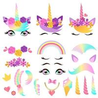 Set of design elements for a unicorn head in a wreath of flowers. vector