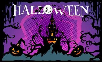 banner de feliz halloween. calabazas, murciélagos, un siniestro castillo de halloween. vector