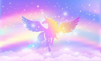 silueta de un unicornio con alas sobre un fondo de un cielo de arco iris con estrellas.