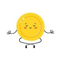 Cute gold coin in yoga pose. Money coin practicing yoga and meditates. vector