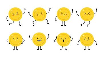 Cute gold coin in different poses. Money coin runs, jumps, is happy, sad, angry. vector