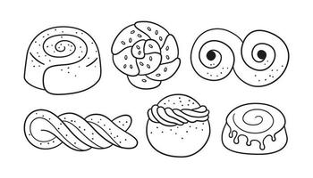 Cinnamon rolls with sugar. Set of swirl buns. Hand drawn isolated vector illustration