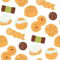 Seamless pattern with traditional swedish sweets. Kanelbulle bun, cinnamon roll, Semla, lussekatt, dammsugare and chokladboll. Hand drawn vector illustration