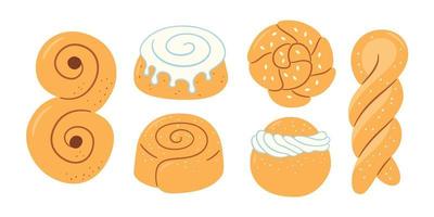 Cinnamon rolls with sugar. Set of swirl buns. Hand drawn isolated vector illustration