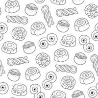 Traditional swedish sweets seamless pattern. Kanelbulle bun, cinnamon roll, Semla and lussekatt. Hand drawn isolated vector illustration