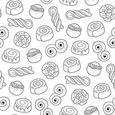 Traditional swedish sweets seamless pattern. Kanelbulle bun, cinnamon roll, Semla and lussekatt. Hand drawn isolated vector illustration