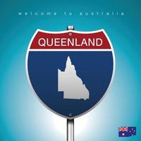 An Sign Road America Style with state of Australia with Green Turquoise background and message, Queenland and map, vector art image illustration