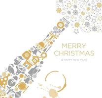 Happy New Year and Merry Christmas greeting card poster design with flat champagne bottle with christmas icon and place for your text message. vector