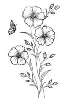 elegantes flores con mariposas volando alrededor de su idea de diseño. bosquejo ramo de flores silvestres. vector