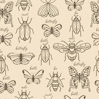 Seamless pattern with insects. Beetle, bee, bug, butterfly, mole. Print for wrapping paper, fabric and clothes kids. vector