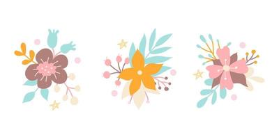 Set of beautiful flowers of different colors with decorative plant elements. Vector image in flat style. Floral decor for invitations, postcards, stickers