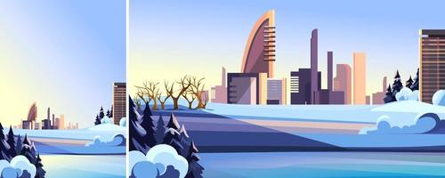 diferentes formatos de ilustración con ciudad en temporada de invierno. vector