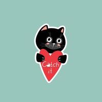 illustration sticker with black cat and red heart on blue background drawing for valentine's day vector