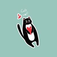 illustration sticker with black cat and red heart on blue background drawing for valentine's day vector
