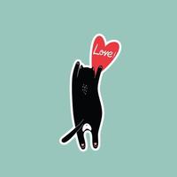 illustration sticker with black cat and red heart on blue background drawing for valentine's day vector