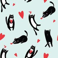 seamless background with black domestic cats and hearts on a blue background, pattern for valentine's day vector