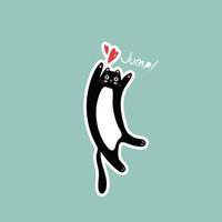 illustration sticker with black cat and red heart on blue background drawing for valentine's day vector