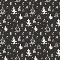 seamless pattern with winter illustrations of fir trees and gifts, christmas background on dark background vector