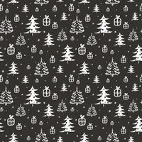 seamless pattern with winter illustrations of fir trees and gifts, christmas background on dark background vector