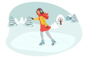 Cute girl wearing warm winter clothes ice skating on frozen surface. Young Woman Figure Skating on Ice rink . Winter Fun Sport Activities Vector Illustration. winter landscape