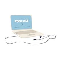 Escuche el diseño de concepto de podcast. portátil con auriculares. pódcast. pantalla de portátil con auriculares. ilustración de banner de vector. Dibujo a mano vector