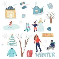 Vector set of holiday icons house, girl sculpts, snowman, mom rolls her son on toddler sled, rest with children, girl skates, tree, socks gifts, hat, cup, knitting. winter collection. flat isolated