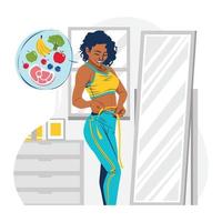 Concepto de dieta equilibrada con mujer midiendo la cintura delante del espejo vector