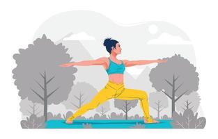 concepto de vida saludable con una mujer practicando la postura del yoga en el parque vector