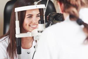 Eyes are in perfect condition. Optometrist checking vision of young beautiful woman