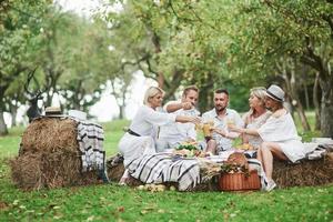 Photo of people having good time and rest on the field with table and straw seats