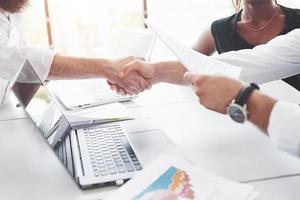 Handshake mean successful contract between companies. Conception of business photo