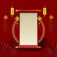 3d illustration of Chinese new year banner with Chinese scripture, hanging cracker and coin photo