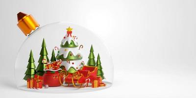 Christmas banner of Christmas tree, sleigh and gift bag in Christmas ball, 3d illustration photo