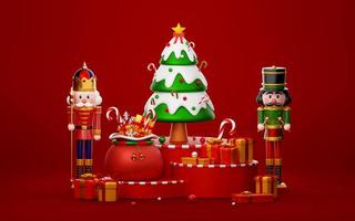 Nutcracker standing by Christmas tree and presents on podium, 3d illustration photo