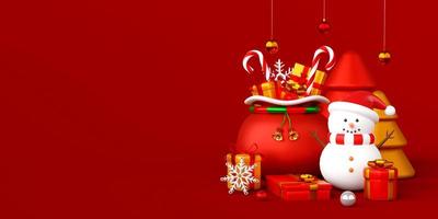 Christmas banner of snowman with Christmas bag and gifts, 3d illustration photo