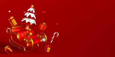 3d illustration banner of sleigh with Christmas ornaments on red background photo