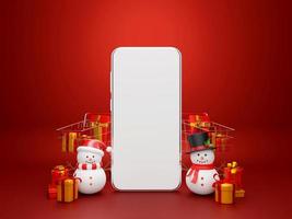 Venta en línea de compras navideñas, teléfono inteligente con muñeco de nieve y tarjeta de compras llena de regalos, ilustración 3d foto