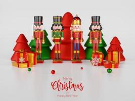 Tema navideño del conjunto de cascanueces con adornos navideños, ilustración 3d foto