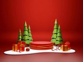 Christmas theme of podium with Christmas gift on snow ground, 3d illustration photo