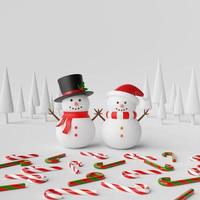 Snowman in pine forest with candy cane on snow ground, 3d illustration photo